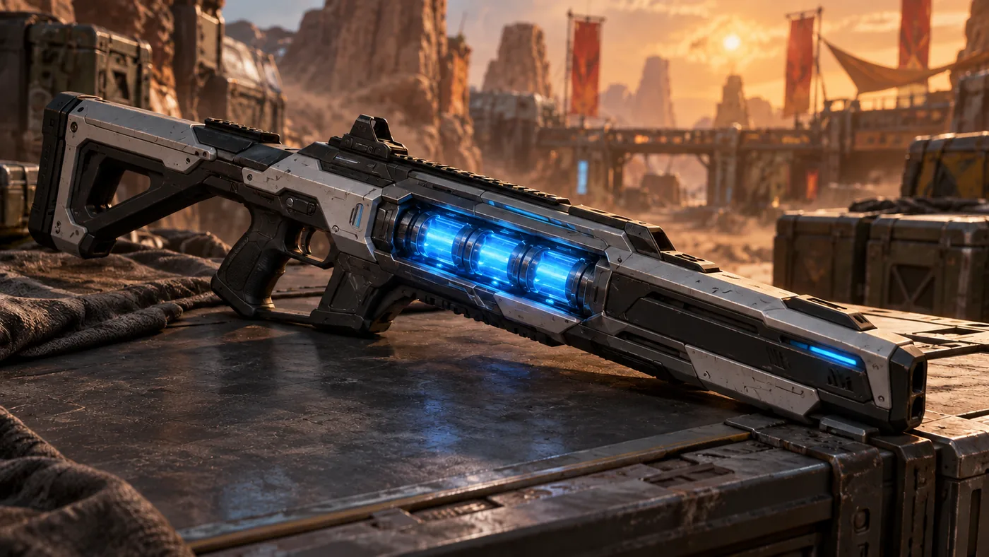 Original illustration of a science-fiction rifle with a glowing blue internal energy chamber on an arena equipment table.