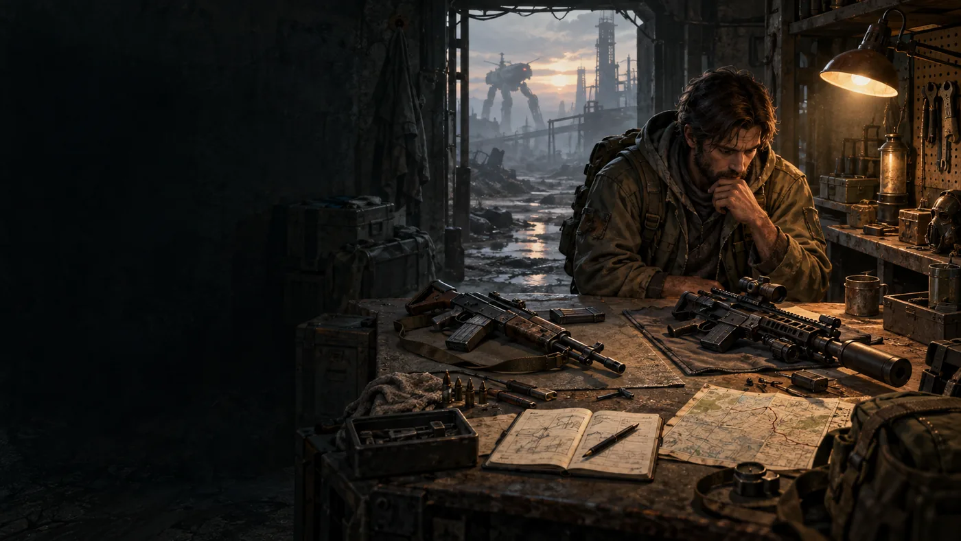 Original FPSing illustration of a solo scavenger weighing two weapons at an underground workbench before a raid.