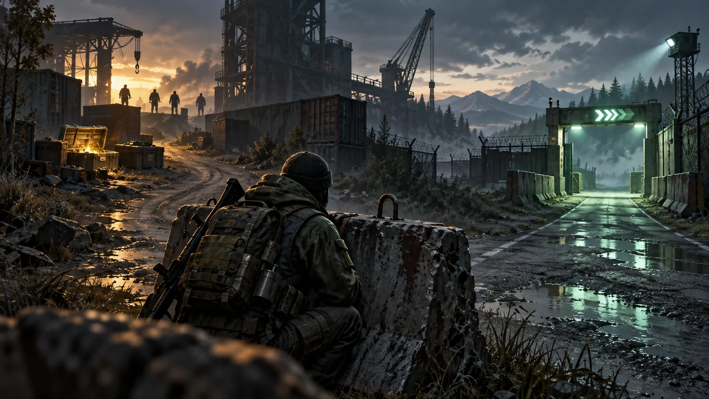 Original FPSing illustration of a scavenger choosing between contested loot and an illuminated extraction route.
