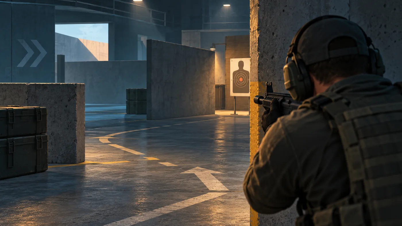 Original FPSing illustration of a trainee clearing a corner toward a paper target in a tactical practice range.
