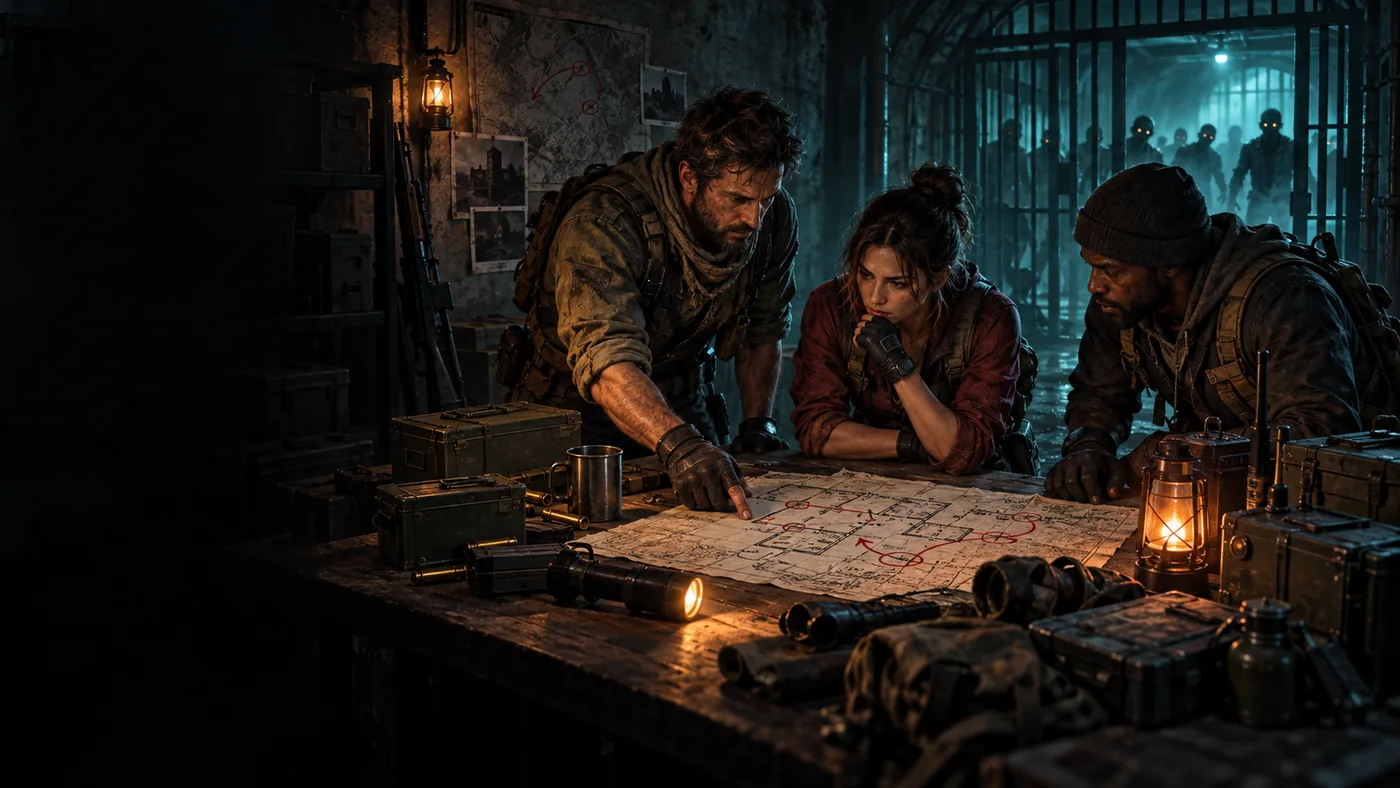 Original FPSing illustration of three survivors planning a quest route at a table while zombies wait beyond a gate.