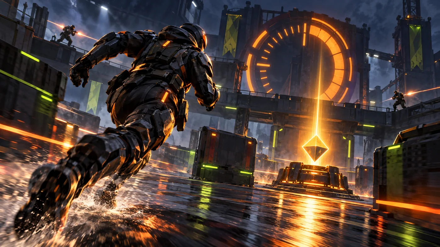 Original illustration of an armored combatant sprinting toward a glowing objective beneath a large orange countdown dial in an industrial arena.
