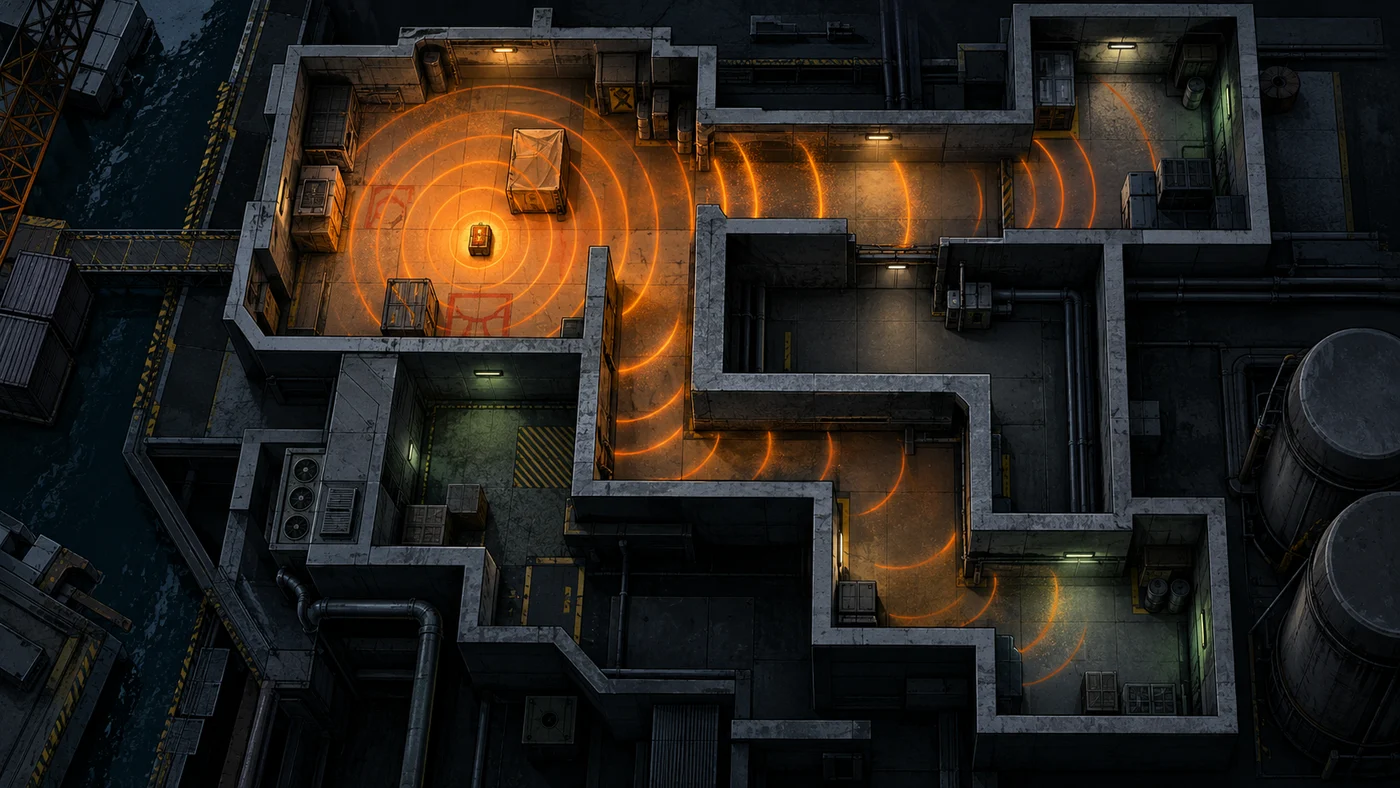 Original overhead illustration of an orange bomb shockwave traveling along corridors and bending around concrete walls on a fictional industrial map.