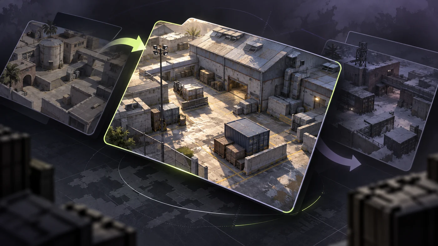 Original illustration of a warehouse map card moving into the center of a three-map rotation.