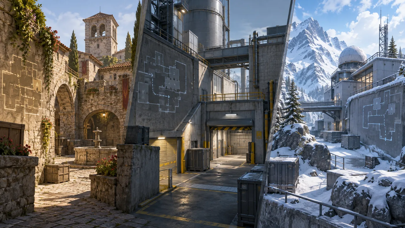 Original illustration of three distinct tactical arena environments: an old stone courtyard, an industrial plant and a snowy alpine facility.
