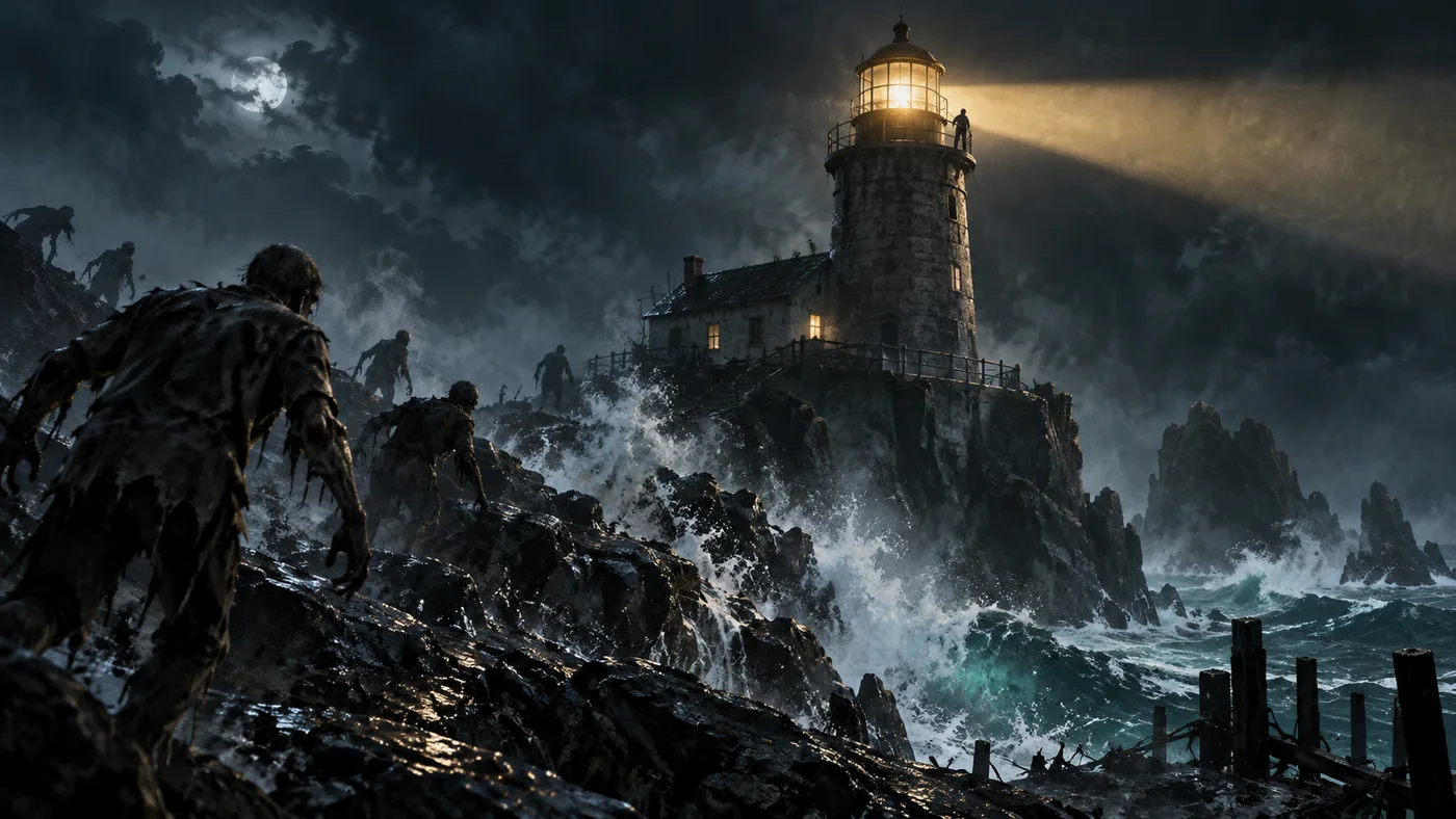 Original illustration of a stormy lighthouse island as undead silhouettes approach along the rocky shore.