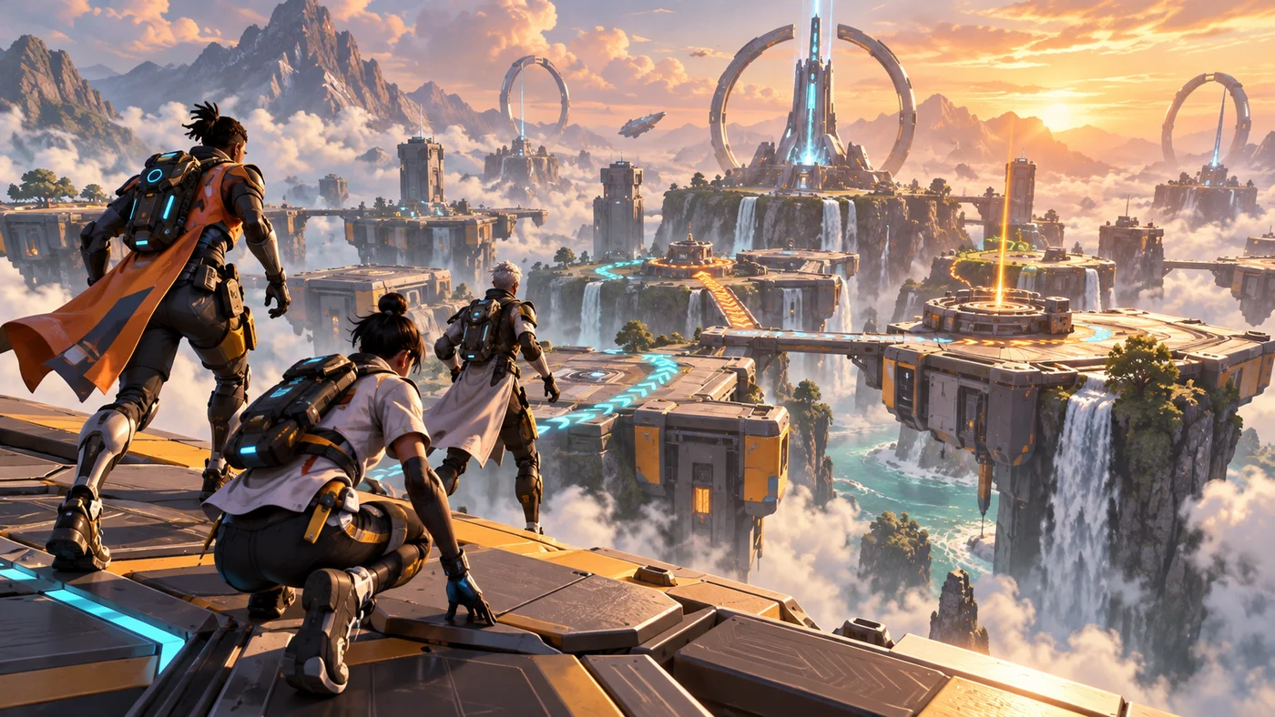 Original FPSing illustration of three competitors planning a route across a futuristic elevated arena.