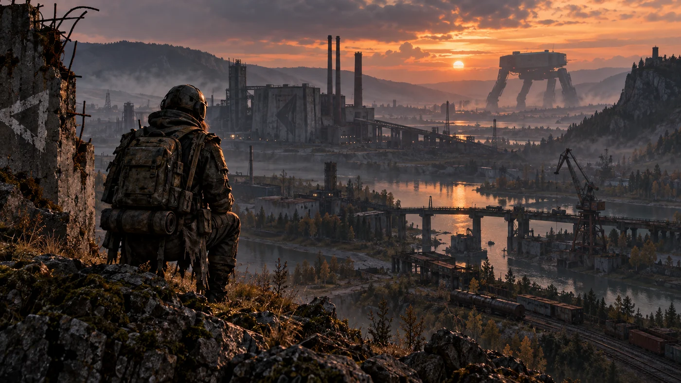 Original FPSing illustration of a lone scavenger surveying an industrial valley and distant machine at sunset.