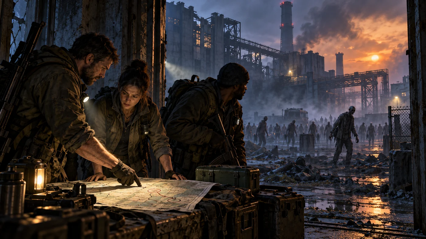 Original FPSing illustration of survivors planning a route as zombies approach a ruined power station.