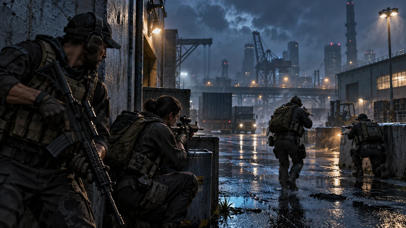 Original FPSing illustration of a tactical squad advancing through a rain-soaked industrial city.