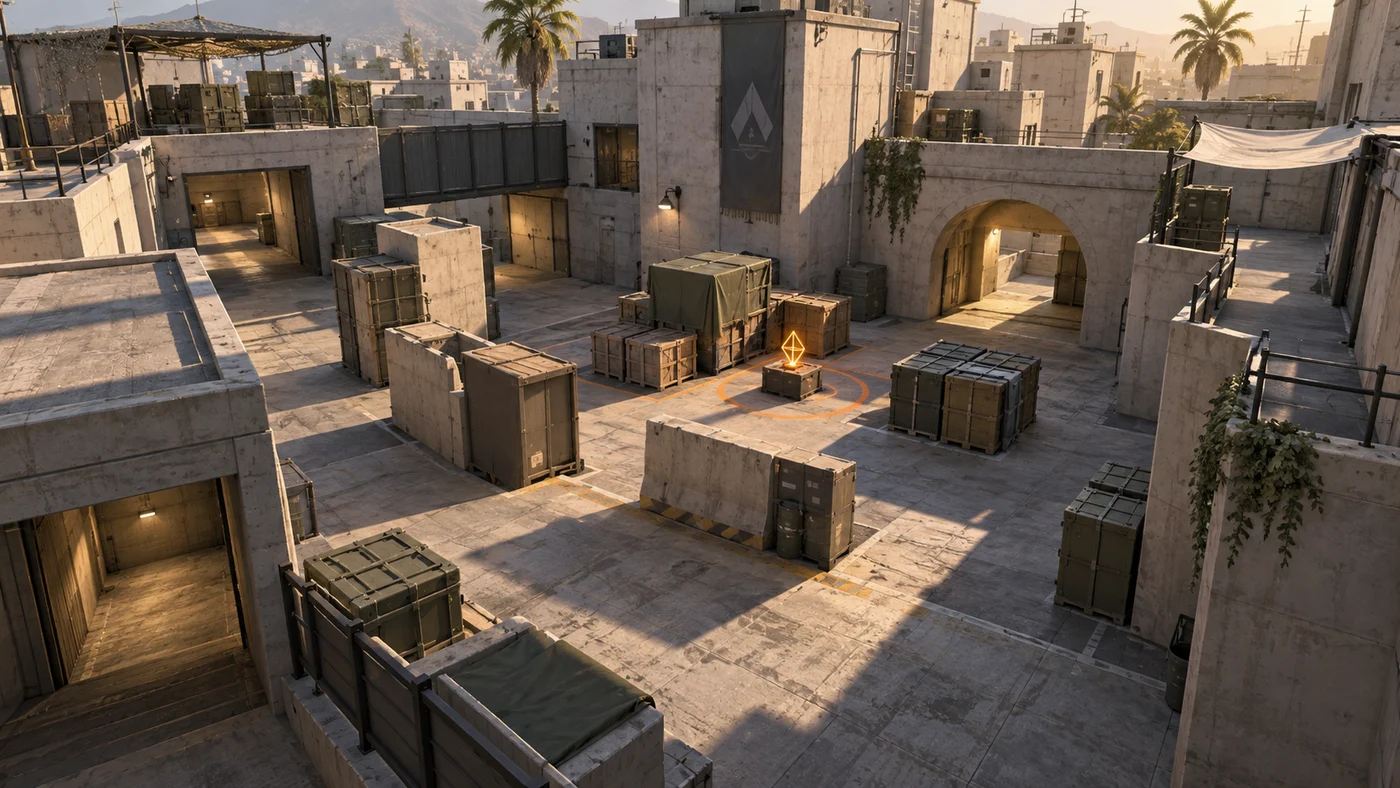 Original FPSing illustration of a fictional tactical training compound with crates and a marked objective.