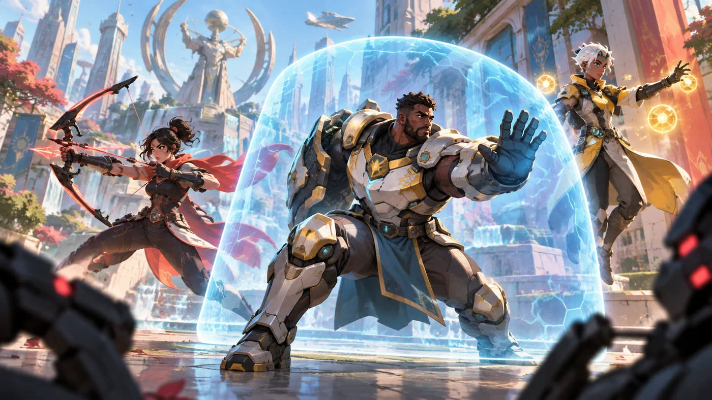 Original FPSing illustration of a fictional hero team coordinating around a blue energy shield.