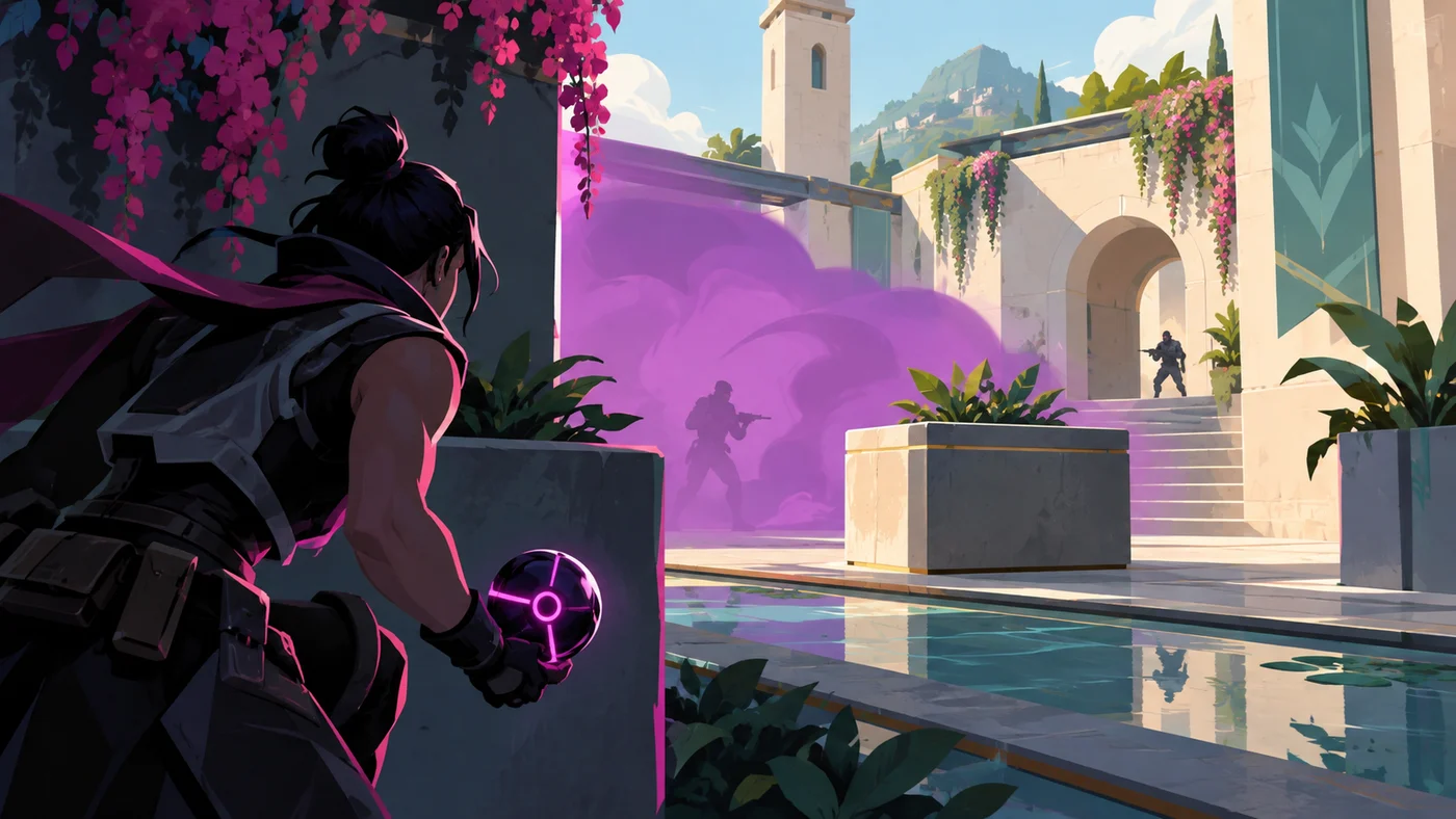 Original FPSing illustration of a tactical agent using purple smoke to control a courtyard.