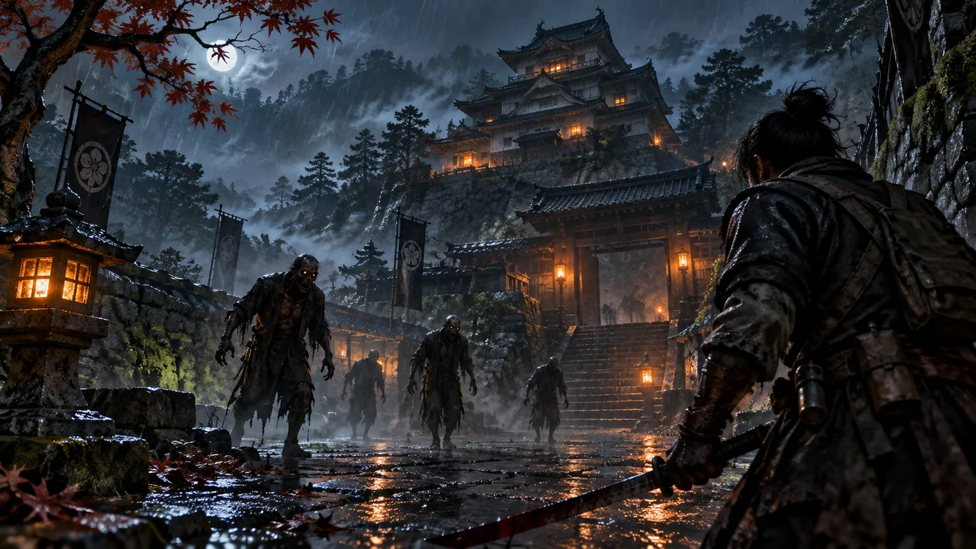 Original illustration of a Japanese castle at night as undead figures approach a sword-bearing survivor in the rain.