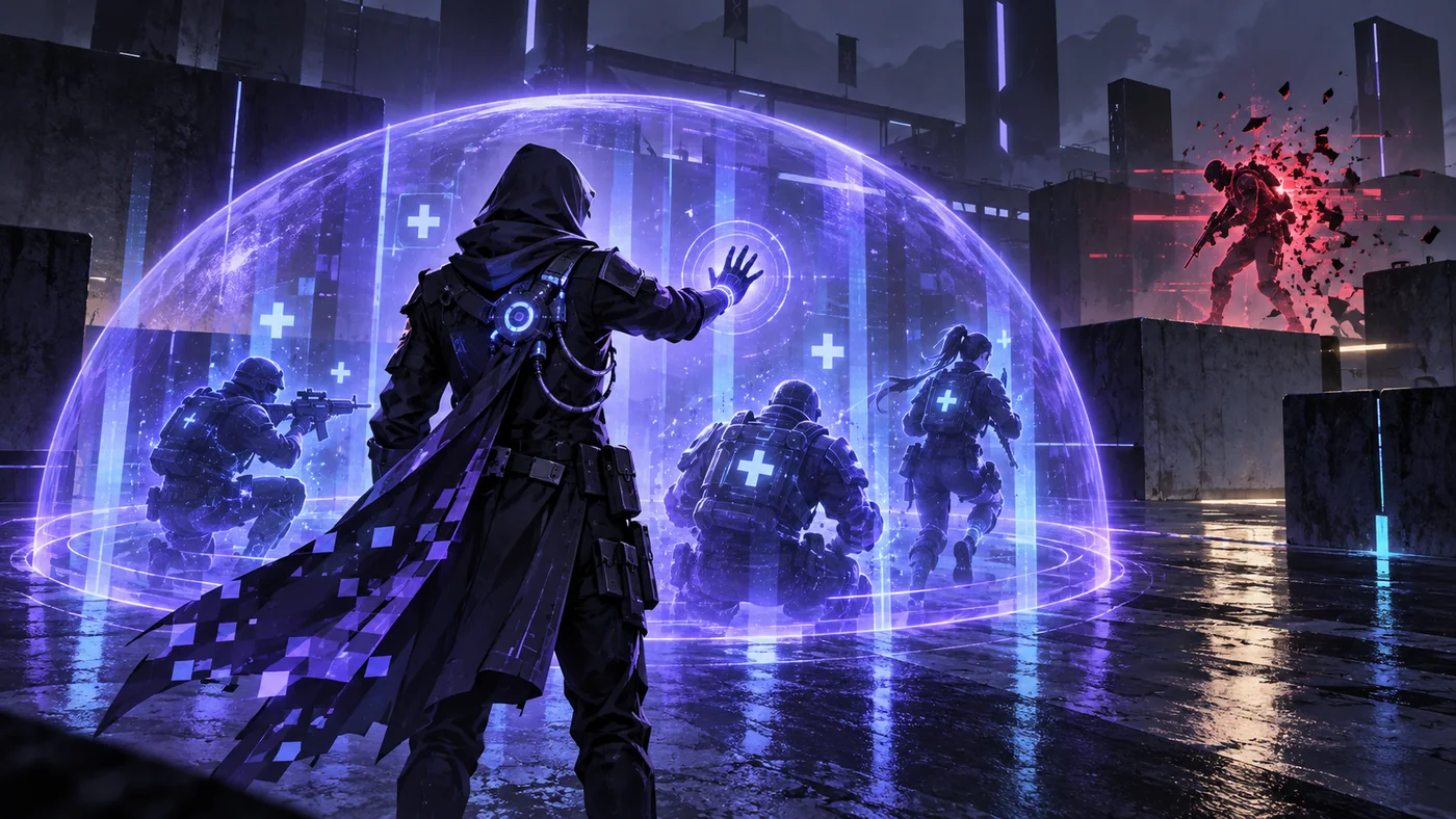 Original conceptual illustration of a cloaked support operative projecting a violet digital field around allies while an enemy stands beyond it.