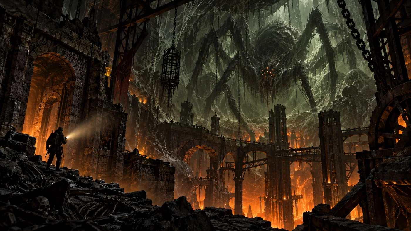 Original illustration of a lone flashlight-bearing survivor in a ruined hall beneath a giant web-covered creature and orange furnace glow.