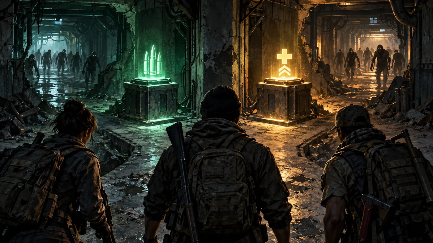 Original illustration of three survivors approaching two glowing upgrade pedestals as zombies enter a dark arena.