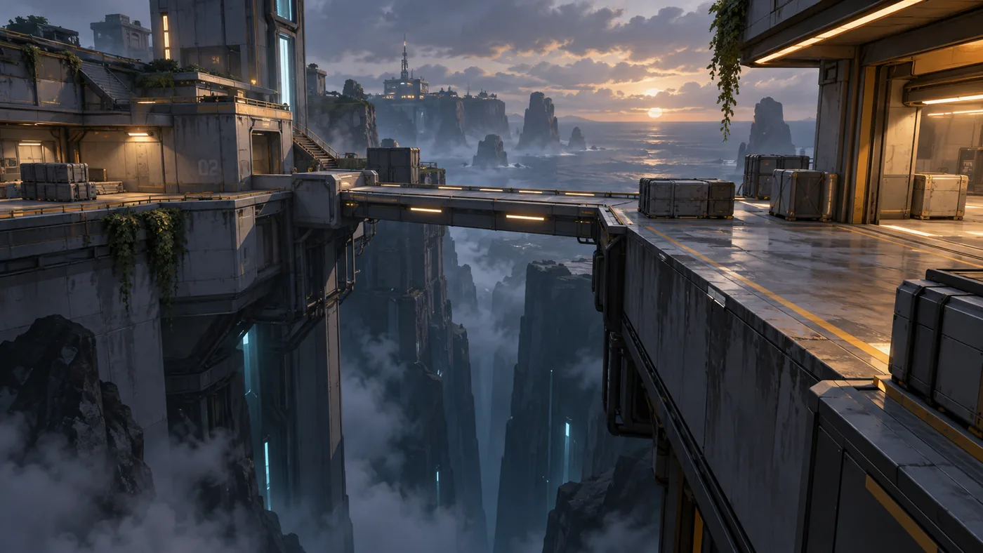 Original illustration of a narrow bridge connecting futuristic platforms above a deep chasm, representing the exposed edges on Abyss.