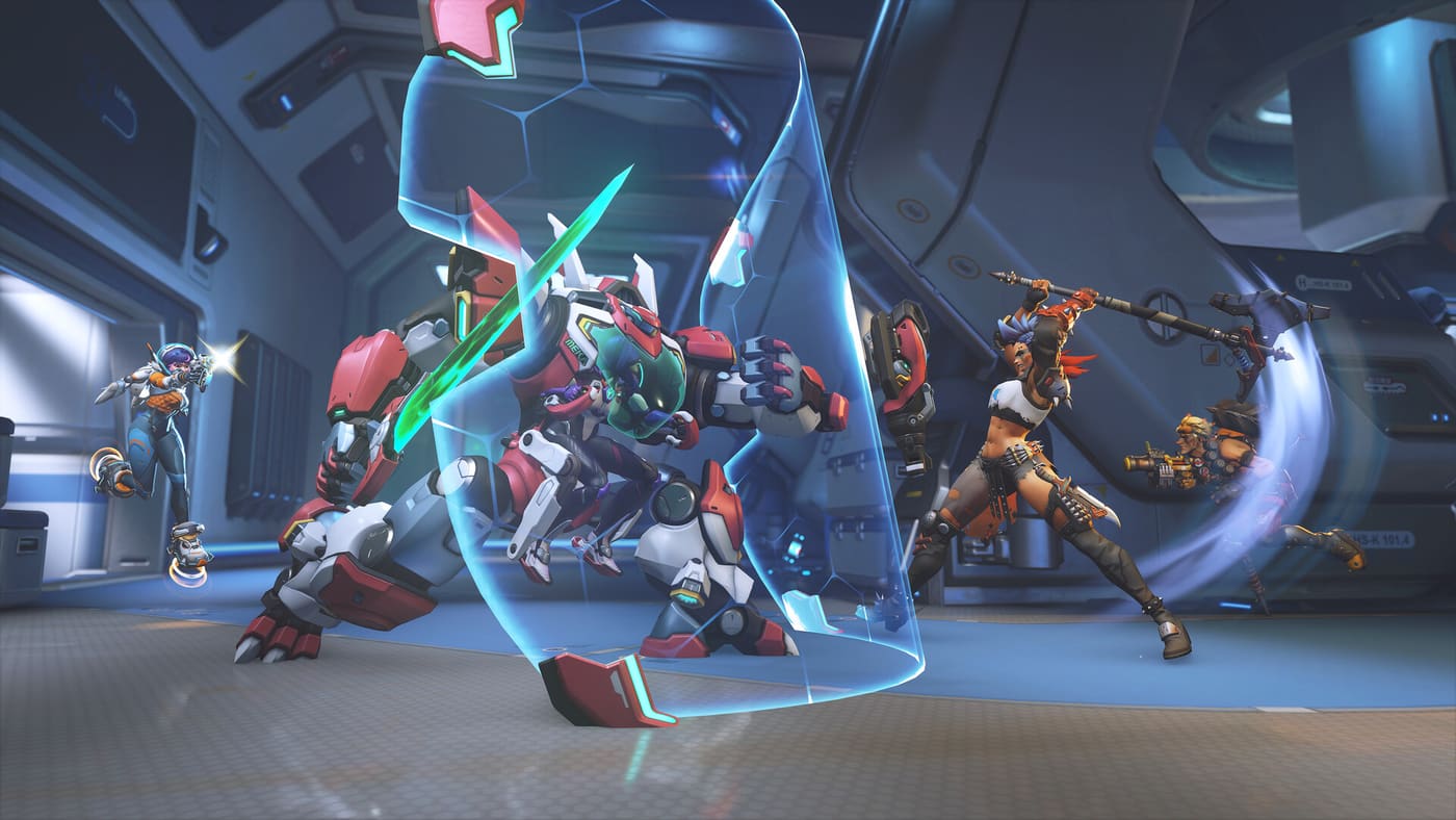 A red-and-white mech swings a glowing green energy blade from behind a translucent blue frontal barrier while two enemies close in from either side of a bright interior corridor. Official Overwatch® screenshot supplied by Blizzard Entertainment, Inc.