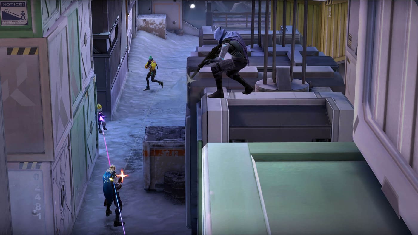 A Valorant player crouched on top of a stack of shipping crates, holding a rifle down into the lane below where two enemies are moving through coloured ability effects. Official Valorant screenshot supplied by Riot Games.