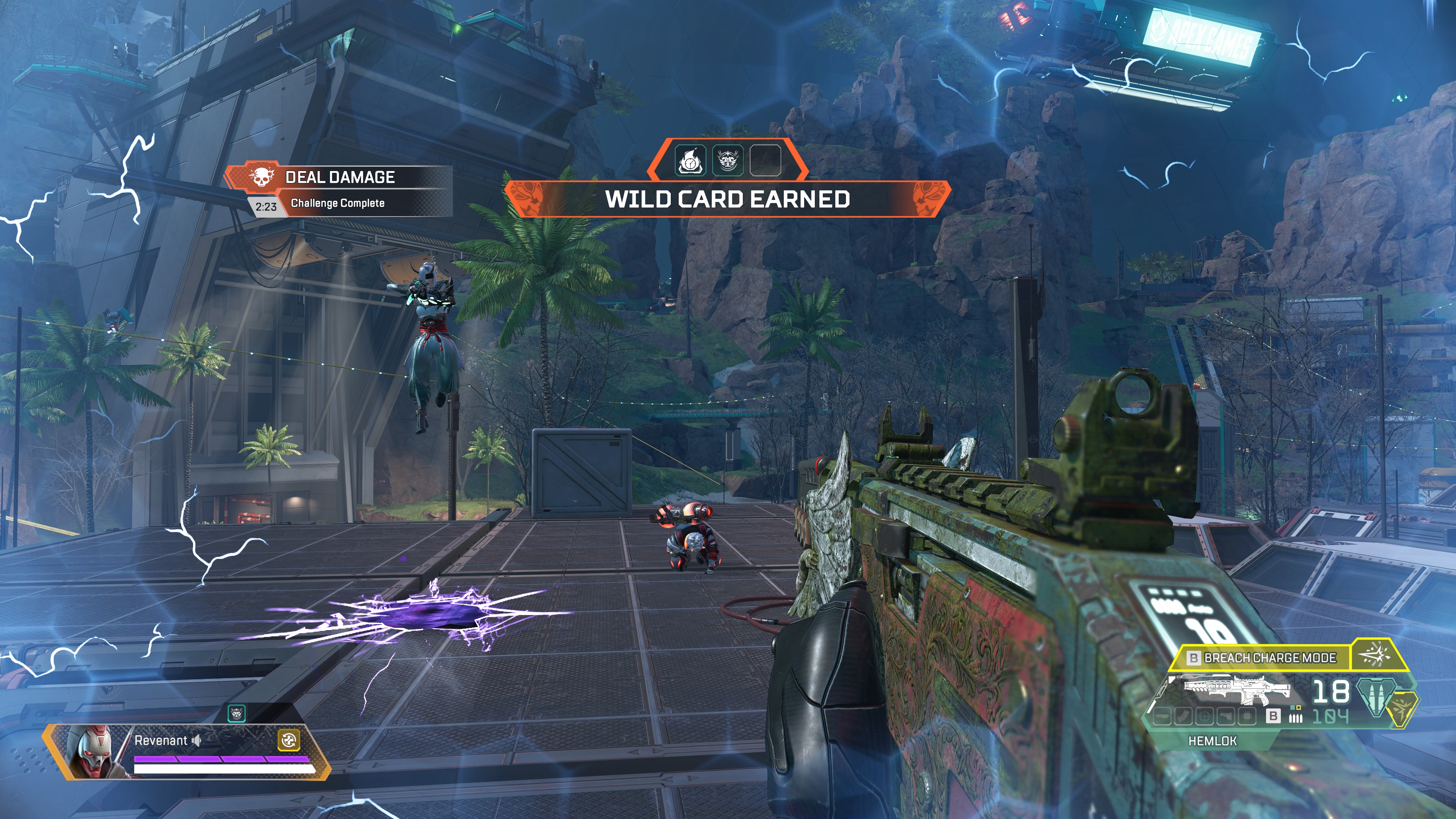 First-person Apex Legends screenshot with a Hemlok, a completed damage challenge and a Wild Card earned banner over a nighttime Kings Canyon fight.