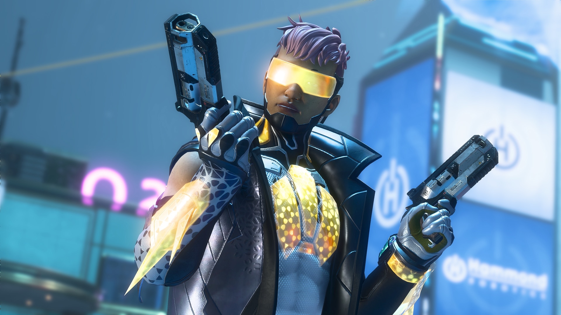 Crypto wearing a yellow visor and holding a Wingman pistol in each hand against a blue city backdrop.