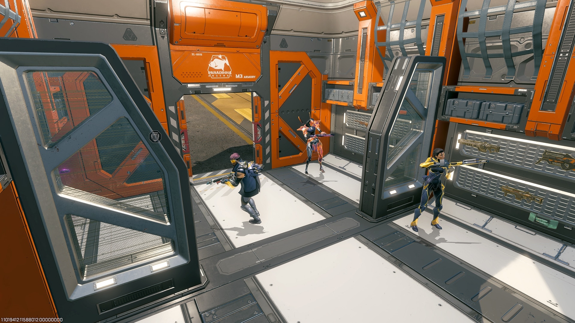 Three Apex Legends characters inside an orange and grey Stronghold, with weapons mounted on the right wall and an open doorway on the left.