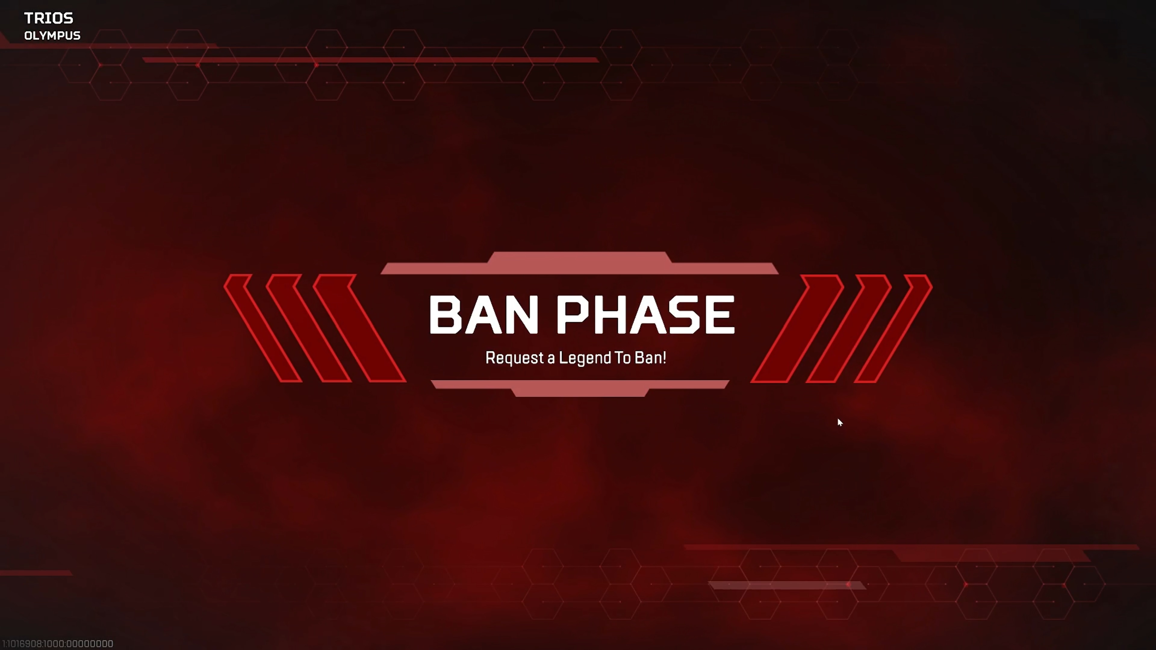 Apex's red in-game Ban Phase screen with the instruction Request a Legend To Ban, and Trios and Olympus labels in the upper left.